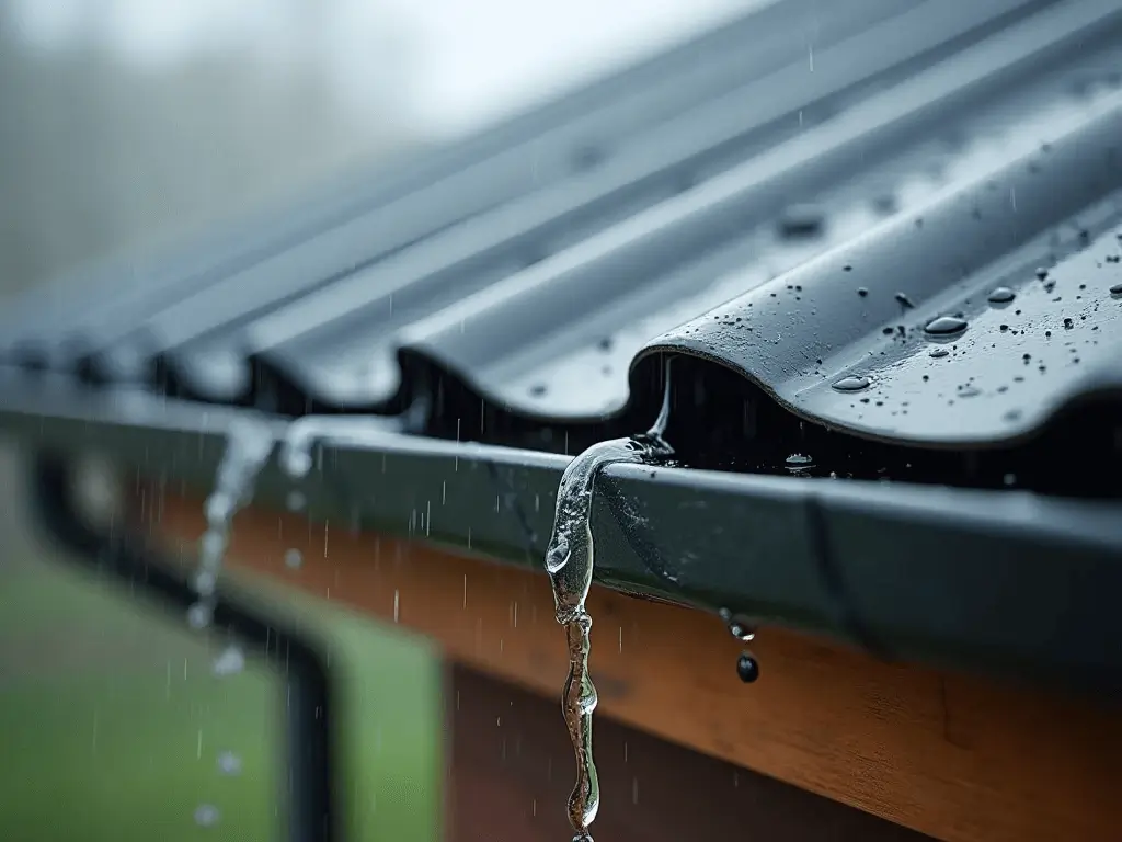 Close up image of metal roofing during rain