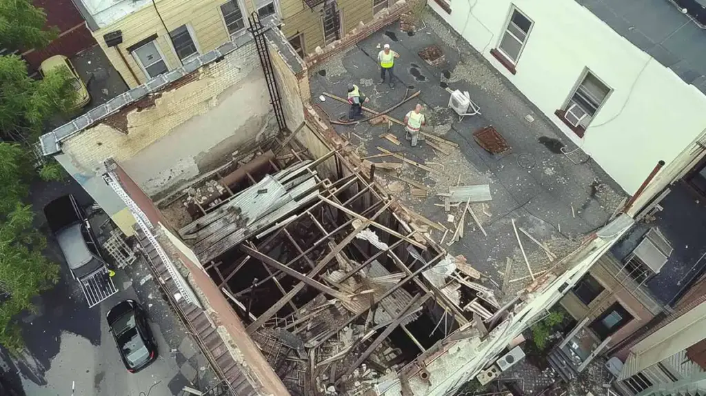 Top view image of a commercial building with roofers working