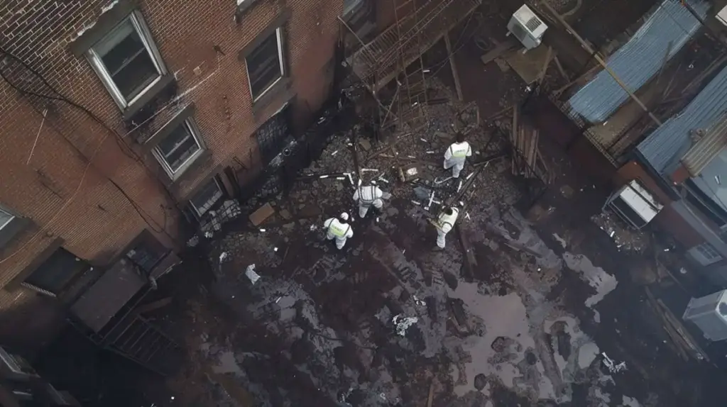 Image of a commercial building with roofers working